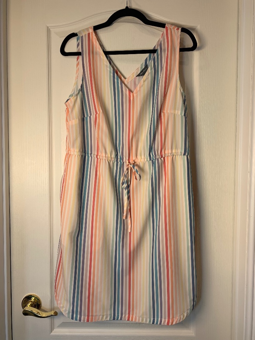 Rainbow Stripe Sleeveless Dress Lightweight Cinched Waist M Travel Coastal Beach